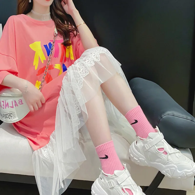 #4936 черные белые розовые платья футболки с коротким рукавом свободное Сетчатое