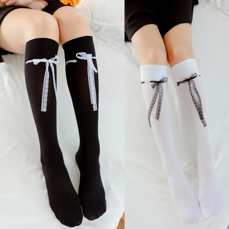 

Girls Spring and Summer Tie Lolita Bow Calf Socks Velvet Knee-length Tube Socks Uniform Tie Thigh High Socks Over Knee Socks