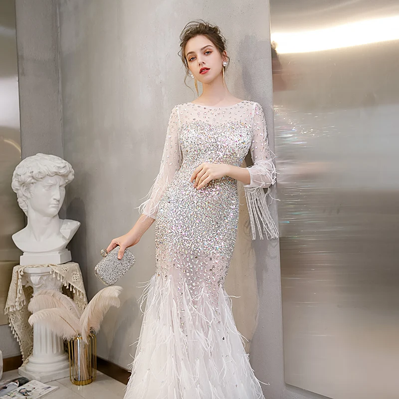 Sexy High Slit Prom Dresses Beads Light Gray Mermaid Lady Formal Evening Gown Feathers High Quality Party Prom Evening Dresses