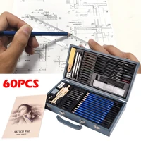 60pcsset professional sketch pencil charcoal brush wooden box sketch tools wooden man ruler drawing painting set art supplies