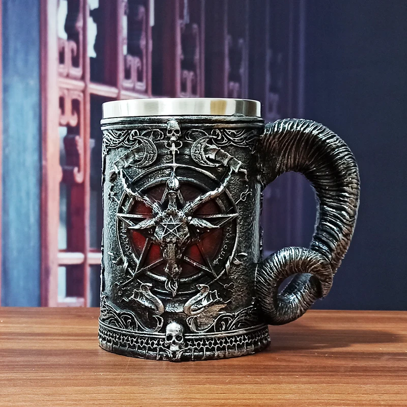 

Baphomet Horn Beer Mugs Halloween Skull Water Cups Stainless Steel Wine Glass Handgrip 250/600ml Coffee Cups Best for Xmas Gifts
