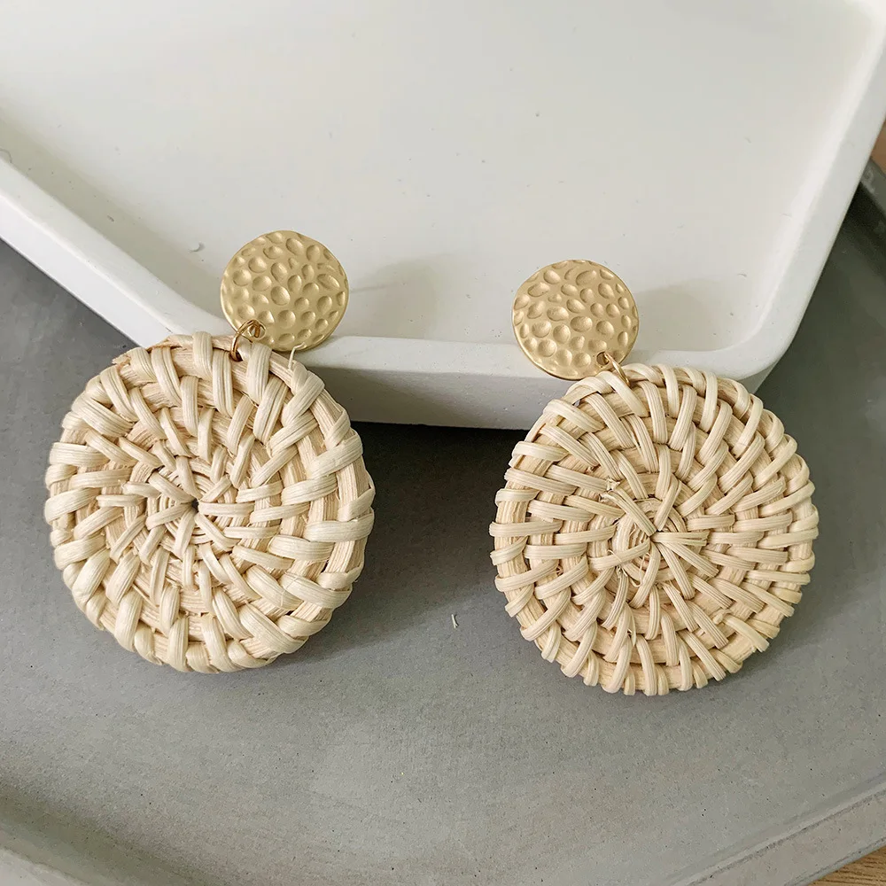 Metal circle 3 Bohemia Wicker Rattan Knit Earrings Ethnic Wood Bamboo Weaving Geometric Circle Statement Drop Earrings for Women Jewelry - Окраска металла: Metal circle 3