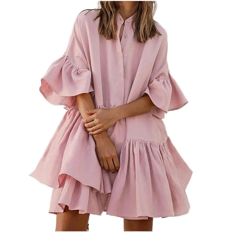 

2021 Summer New Ladies Dress Loose Solid Color Sweet Chiffon Three-quarter Sleeves Ruffled Casual Skirt Woman Clothing WE102