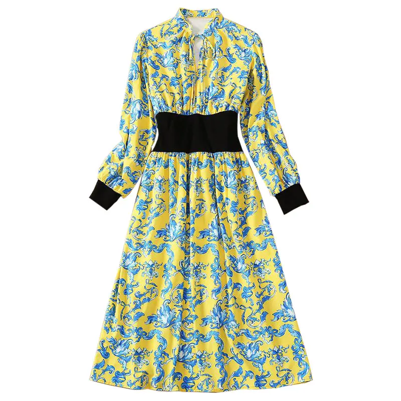 

Повседневное платье миди с завязками, синее желтое платье с цветочным принтом, поясом, воротником-стойкой и длинными рукавами, ТРАПЕЦИЕВИДН...