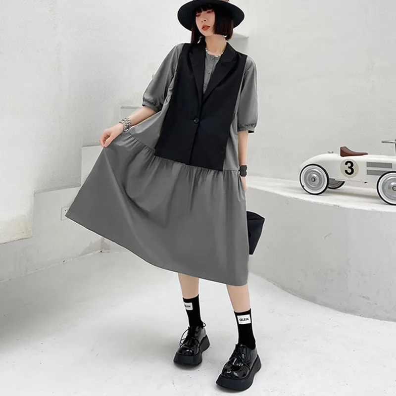 

SeeBeautiful Two Pieces O Neck Half Sleeve Loose A-line Dress Simple Vest Sets New Fashion 2021 Spring Summer Women E203