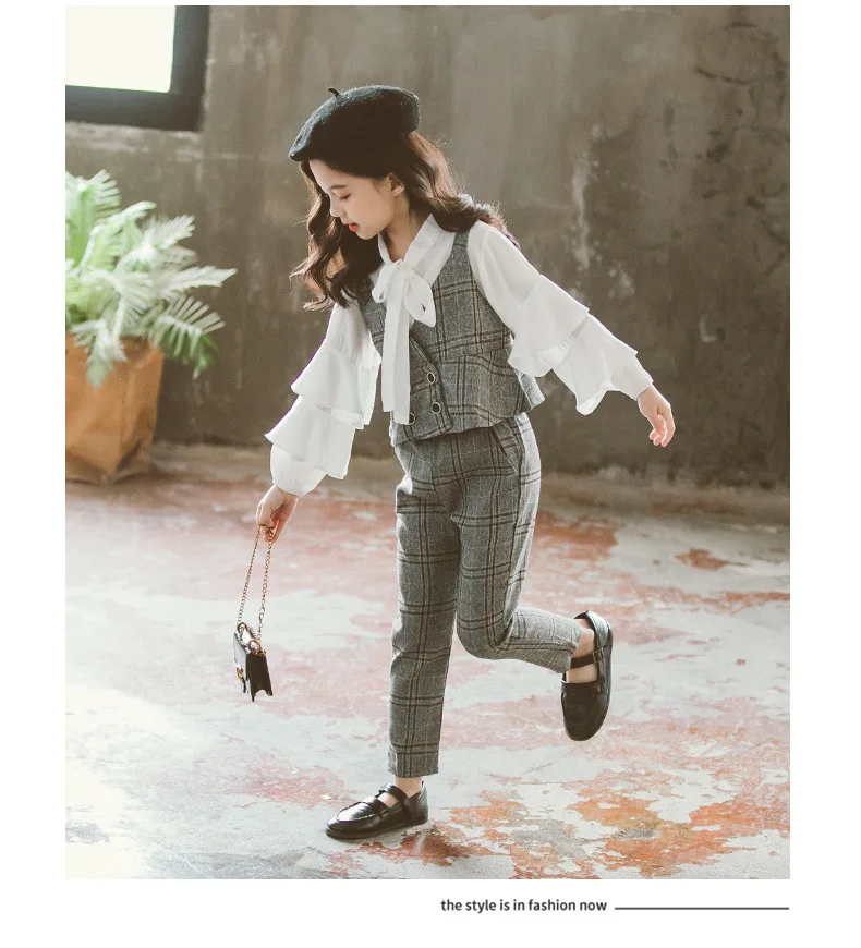 

Girls Clothing Set Spring Autumn Three Piece Vest + Shirt + Pants Kids Fashion Long Sleeve Suits Plaid Child Clothes for Girls