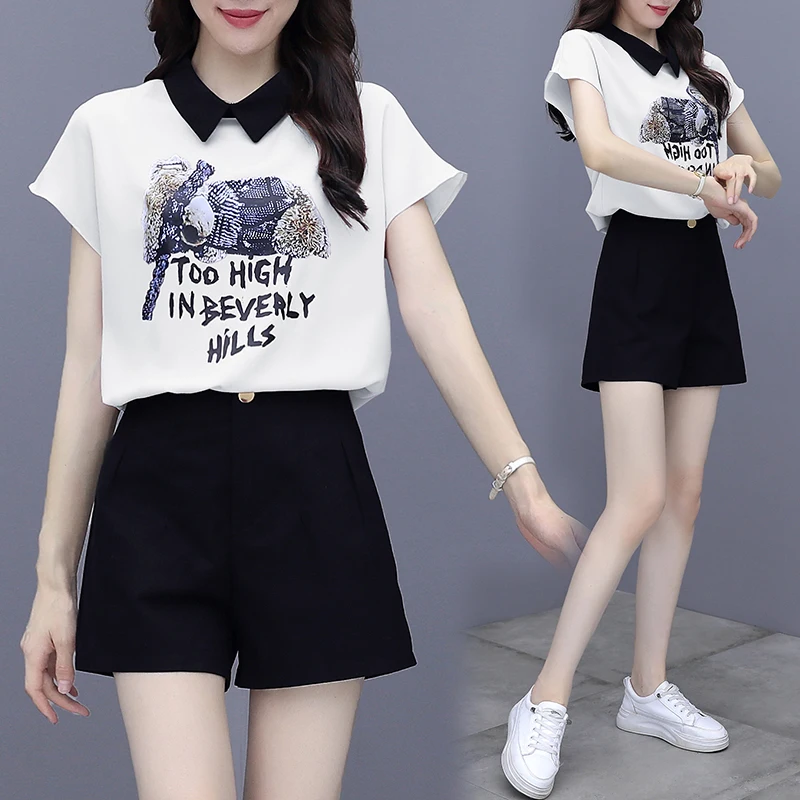 

Fashion Women Shorts Suits 2Pieces Sets Summer Office Lady Floral Casual chiffon shirt High Waist Button Shorts Female Outfits