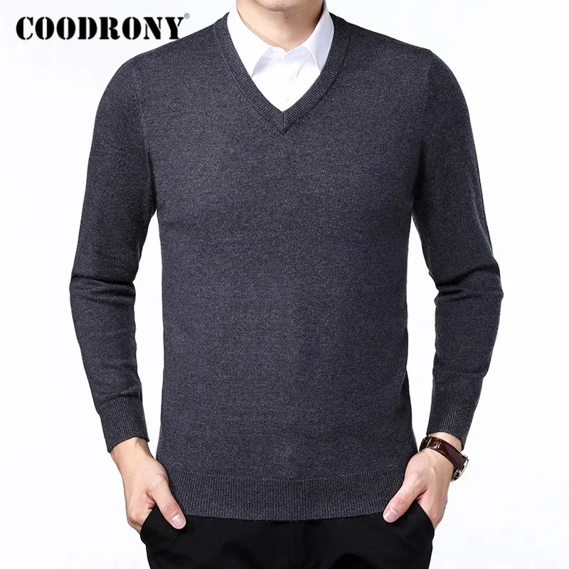Бренд COODRONY, мужской свитер, Осень-зима, толстый, теплый, для мужчин, Классический Повседневный пуловер с v-образным вырезом, мужской кашемировый шерстяной трикотаж 91110