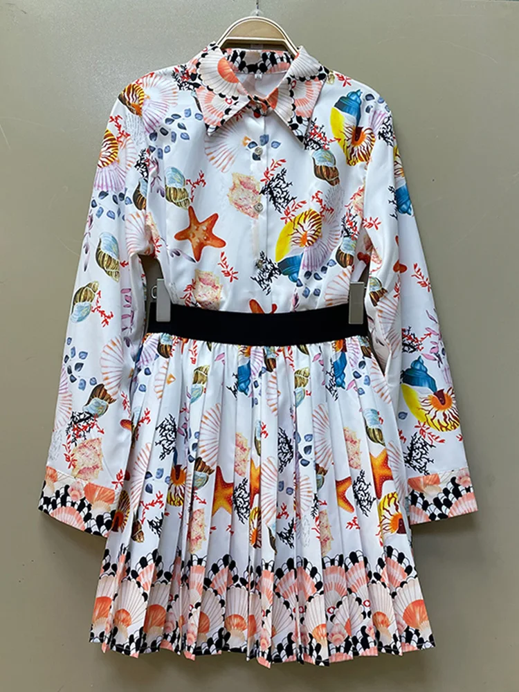 

Contrasting color lapel retro geometric printing shirt two-piece suit women's autumn new style + high waist pleated skirt suit