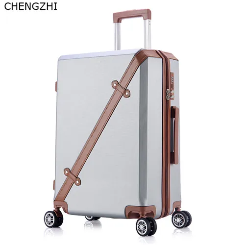 silver CHENGZHI Fashion vintage series 20" 22" 24" 26inch rolling luggage spinner men travel suitcase women trolley bag with wheels - Цвет: silver