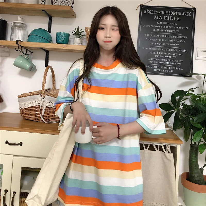 

Summer Kawaii Rainbow Striped Short-Sleeved T-Shirt Female Korean Style Youth Pretty 2021 Korean Oversize Cotton Women’s Clothes