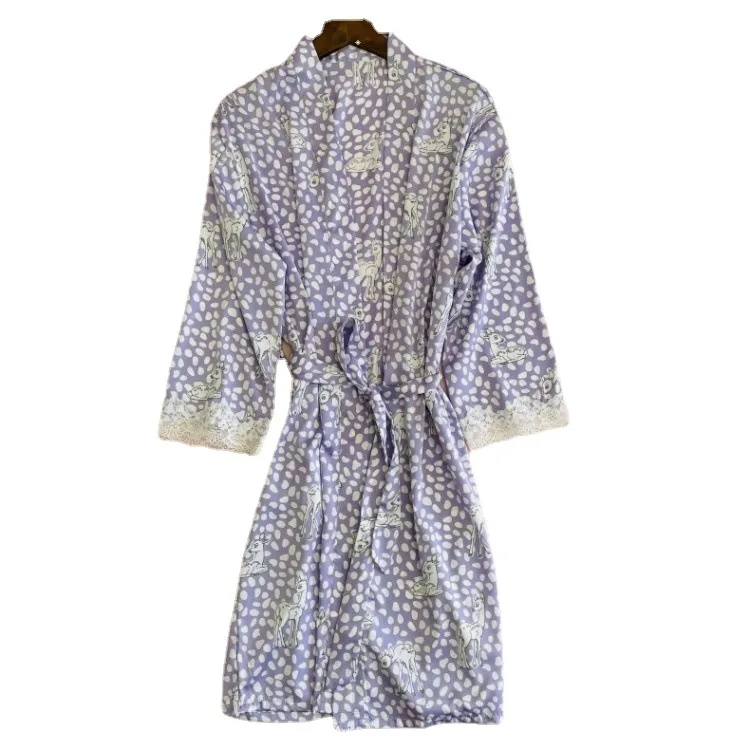 

Summer Women Robe Kimono Gown Nightgown Cute Print Deer Sleepwear Sexy Short Lace Trim Bathrobe Home Dress Loose Satin Negligee