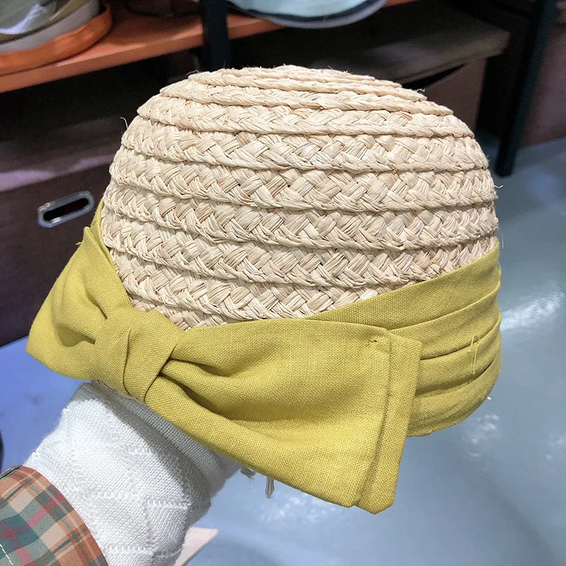 

202106-lulu-may summer japan style handmade raffia grass color bowknot lady sport baseball hat men women leisure visors cap