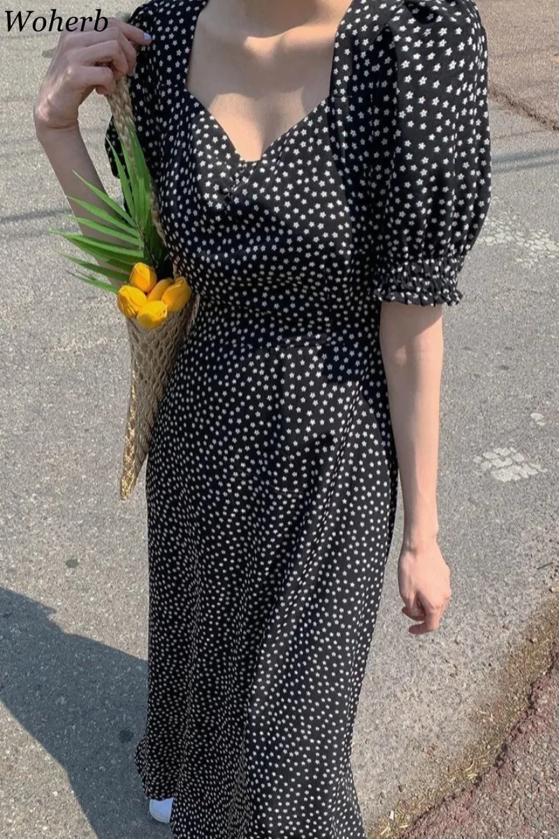 

Woherb Women Dress Korean Fashion New Clothes Vintage Square Collar Lace Up Vestidos Slim Fit Print Lantern Sleeve Dresses 92609