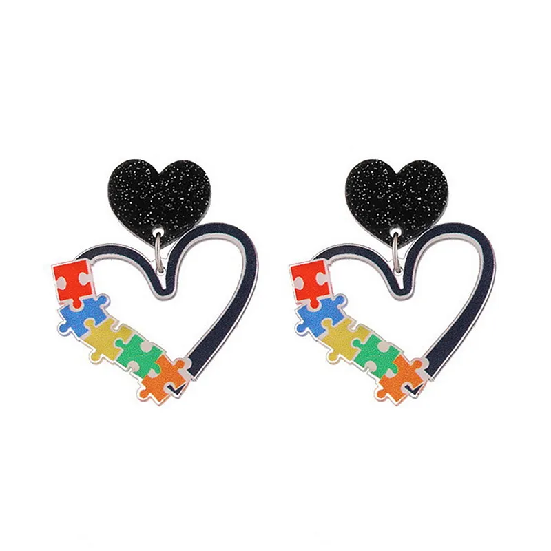 

New Korean Shiny Glitter Black Heart Acrylic Dangle Earrings For Women Geometric Colorful Puzzle Drop Earrings Fashion Jewelry