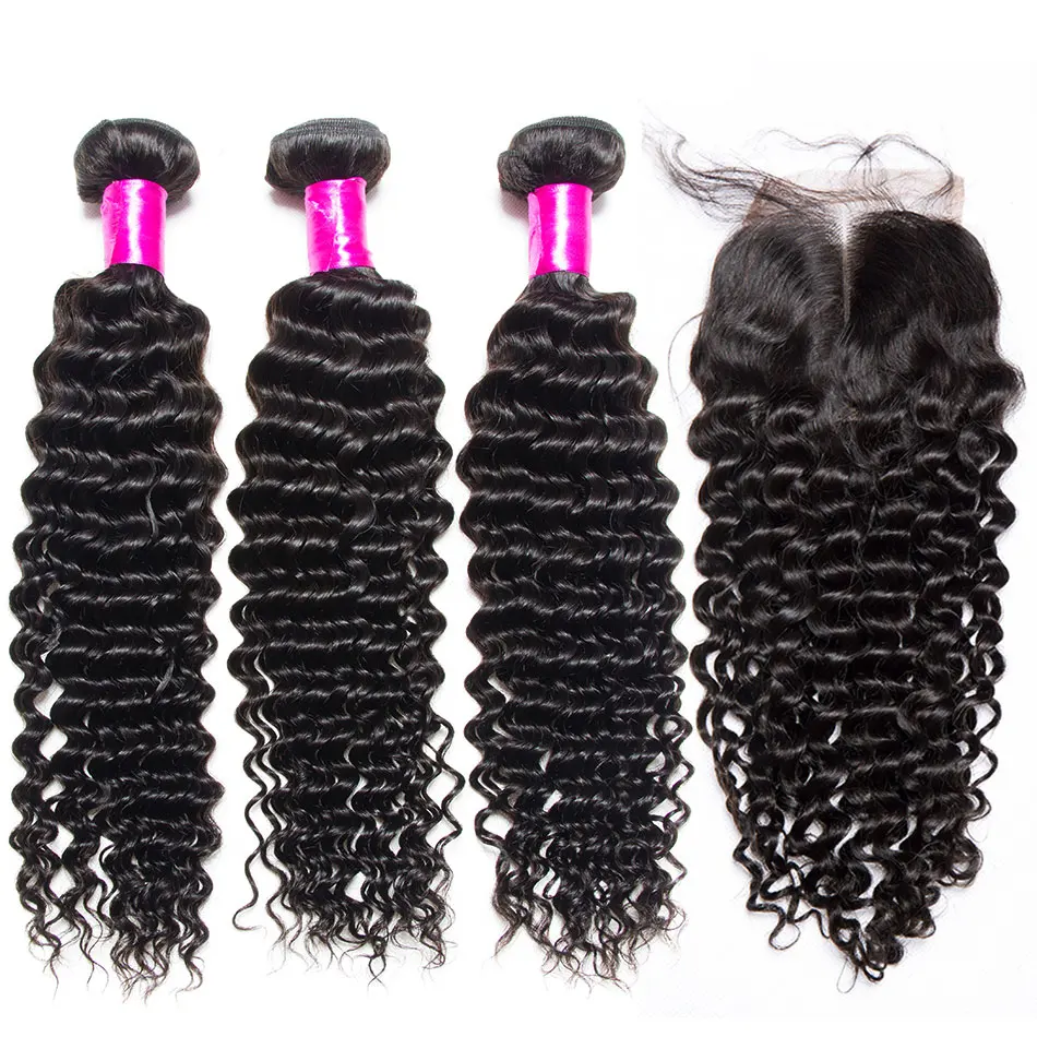 Alibele человеческие волосы глубокая волна пучки с закрытием Remy бразильские