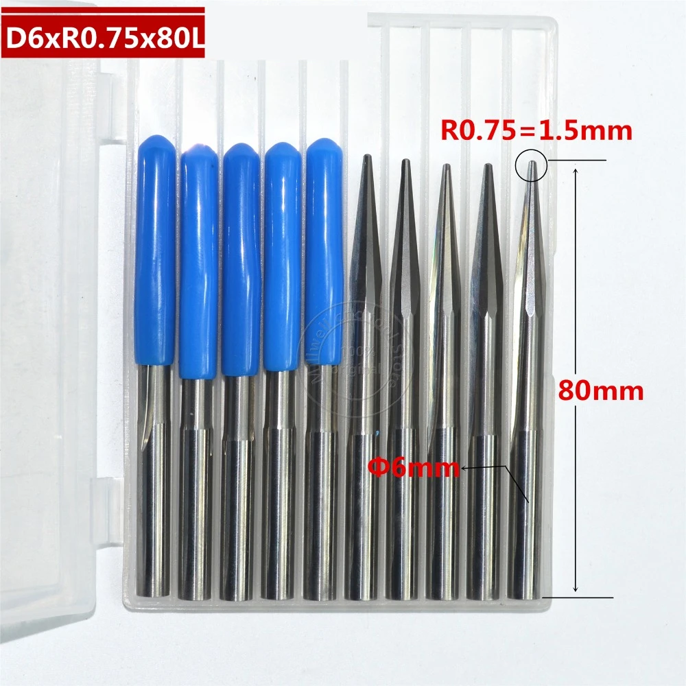 Твердосплавная фреза с ЧПУ 6 мм * 10 градусов R0.75 80L для работ по дереву коническая