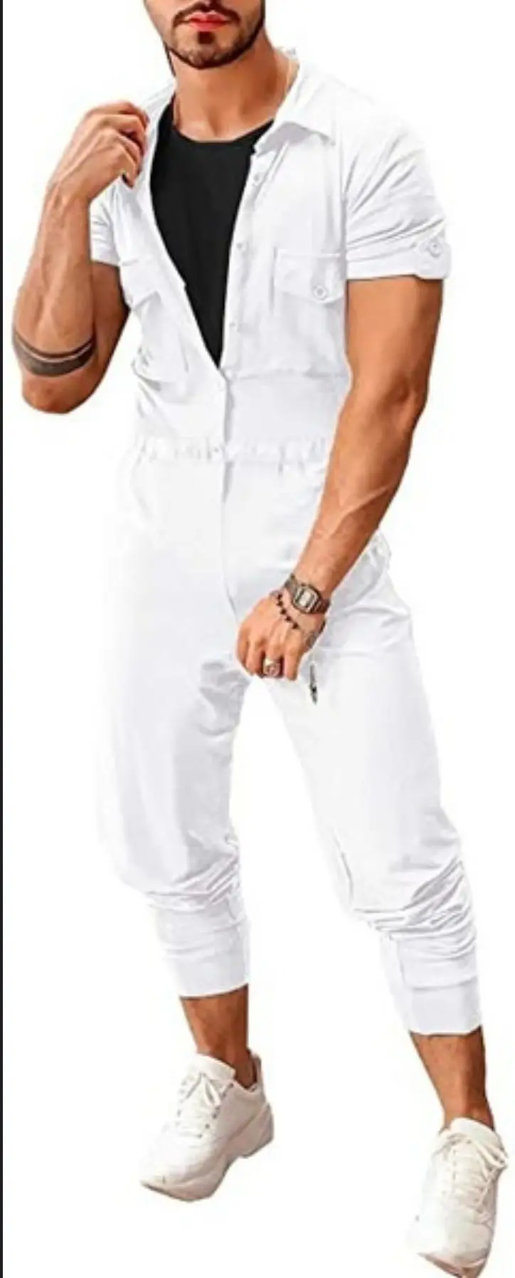 Мужской комбинезон на пуговицах однотонный с короткими рукавами и брюками