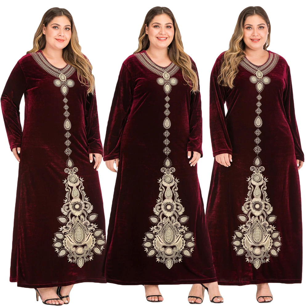 Винтажное женское мусульманское платье с v образным вырезом вельветовое теплое