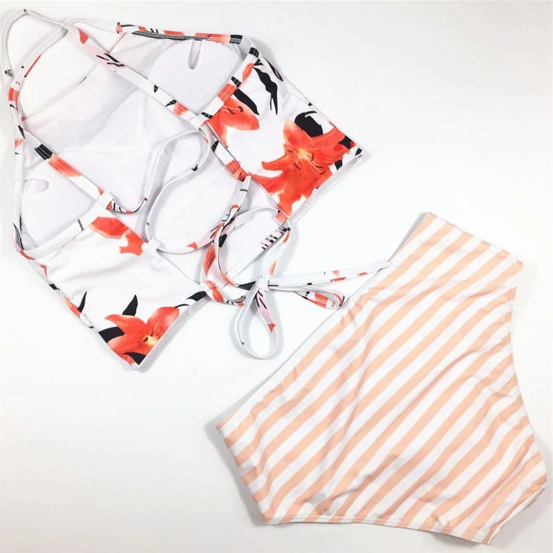 

New swimsuit women's split sexy backless bikini print cross bandage high waist belly covering women's wear