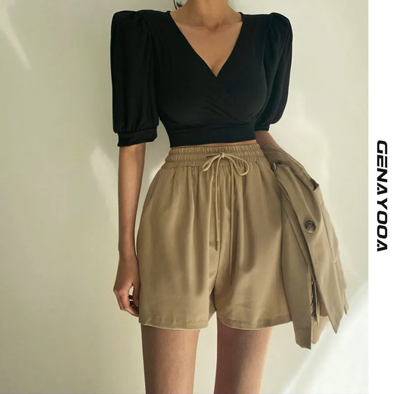 

Genayooa Elastic Waist Solid Khaki Short Feminino 2021 Summer Korean Style High Waist Shorts Women Casual Office Ladies Chic