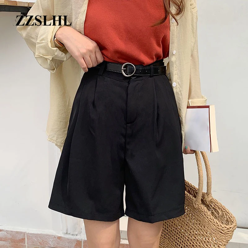 

Summer Korean Women Sashes Loose Shorts Casual Female High Waist Button Fly Shorts Vintage Mujer Solid Empire Sexy Mini Shorts