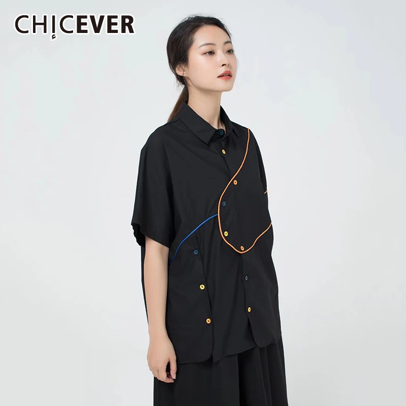 

CHICEVER Casual Black Shirt For Women Lapel Short Sleeve Patchwork Irregular Designer Oversize Blouses Female Fashion 2021 Style