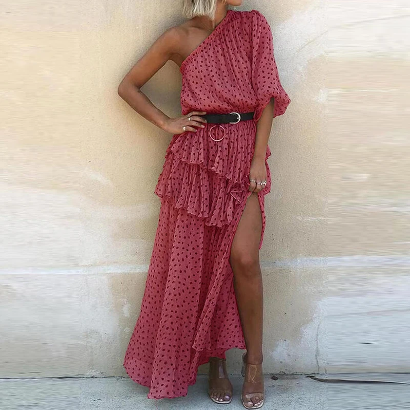 

Summer Elegant Dot Print Chiffon Ruffle Beach Dress Women Sexy Off Shoulder Irregular Design Party Dress Ladies Fashion Dress