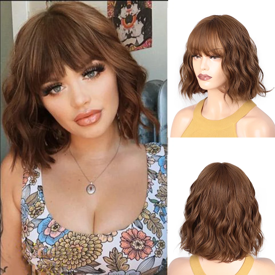 

Synthetic Short Wigs Bob Wig With Bangs Short Wavy Wigs for Women Red/Pink/Blonde Cosplay Wigs Heat Resistant Brizilan Party