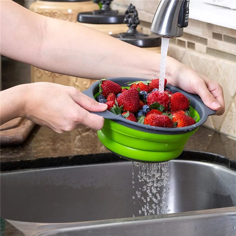 

2 Pcs Collapsible Silicone Colander Foldable Drain Strainer Basket Fruit Vegetable Washing Basket Strainer with Handle Kitchen
