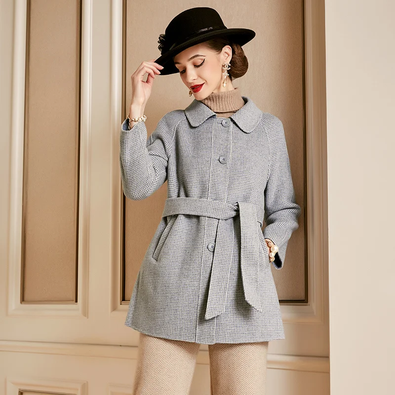 

SHZQ Plaid Double-sided Cashmere Coat Women's Middle Long 2021 Winter New Wool Thousand Bird Plaid Coat