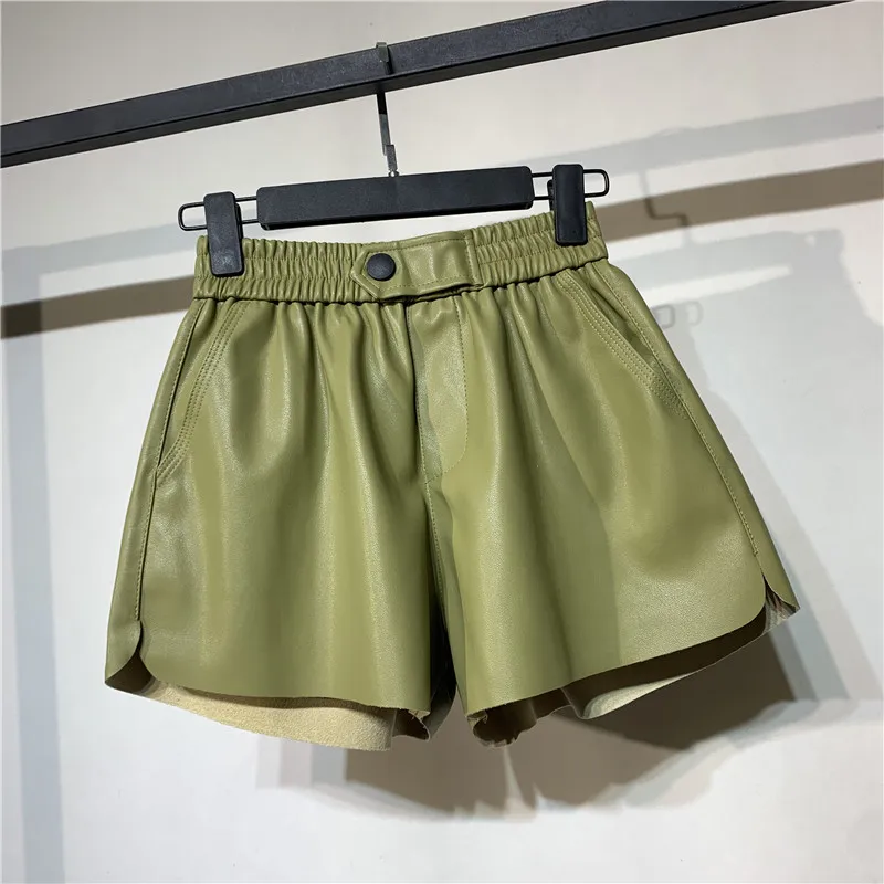 Модные женские шорты с высокой талией из искусственной кожи черный пояс широкие