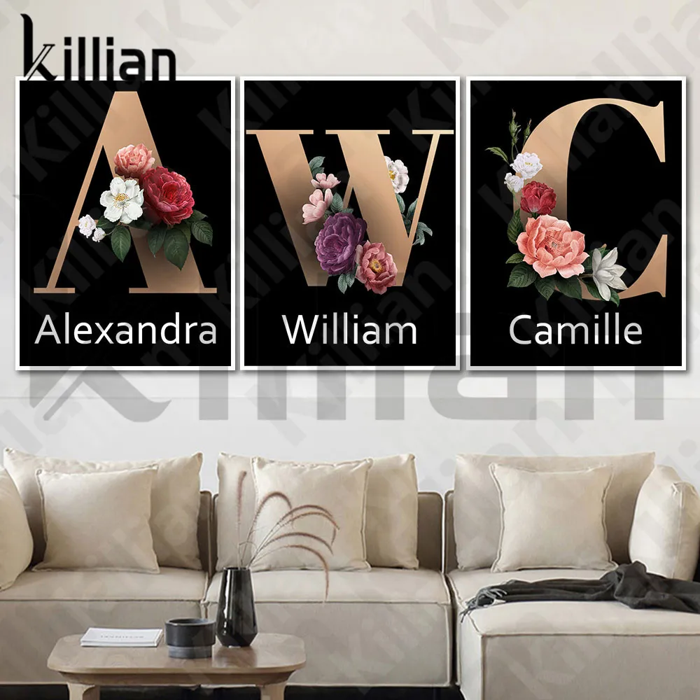 

Golden Vintage Letters Canvas Painting Custom Name Customization Flower Wall Art Luxurious Home Decoration for Living Room Decor