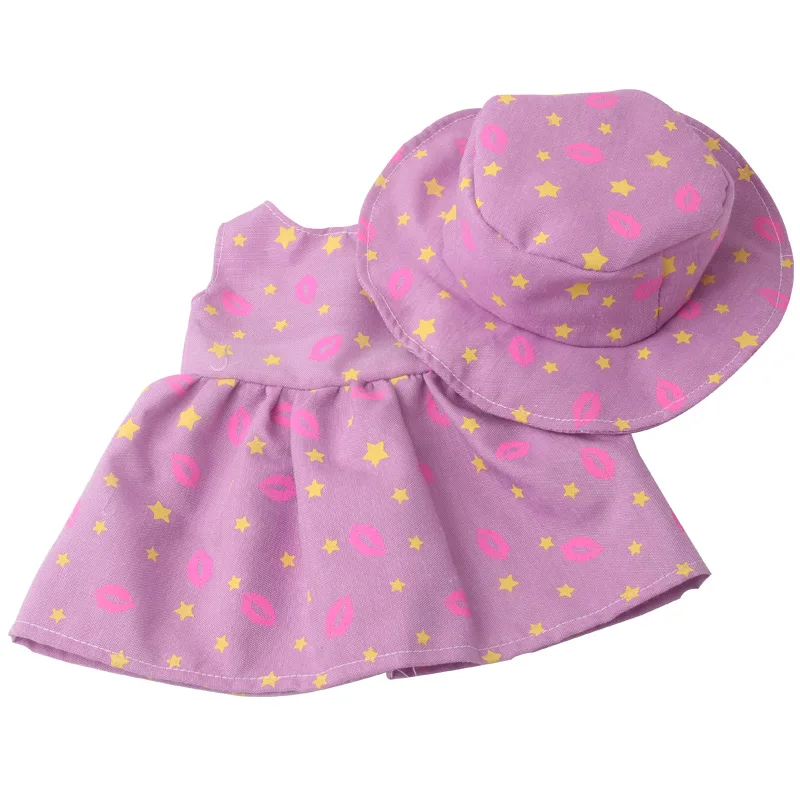 

18 Inch Girls Doll Summer Purple Print Dress + Hat American Newborn Baby Skirt Toys Accessories Fit 40-43 Cm Boy Dolls Gift c958
