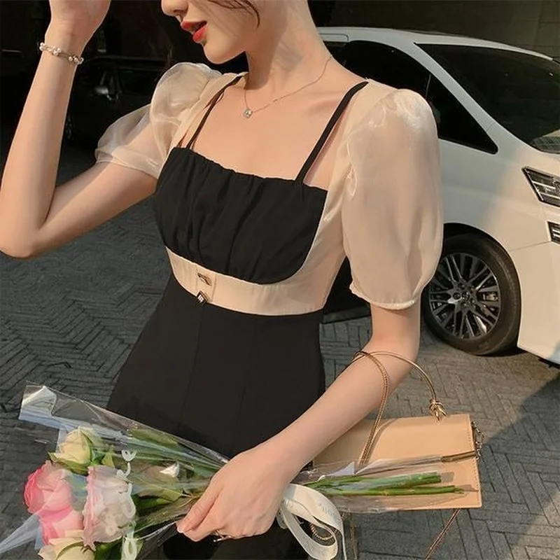 

French Vintage Midi Dress Women Casual Short Sleeve Design Elegant Sexy Dress Office Lady One Piece Dress Korean 2021 Summer