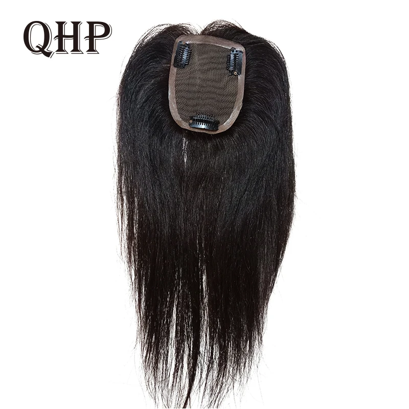 QHP 13cm x 15cm 6inch-14inch Straight LACE+PU Base Hair Topper Toupee Hairpieces for Women 100% Remy Human Toupee Hair for Women