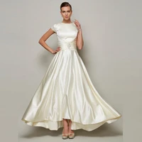 wholesale full length off white short sleeve mother of the bride dresses jewel neck pleated beaded wedding guest dresses