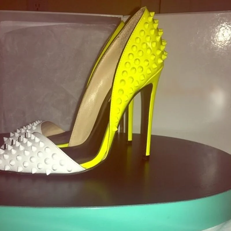 

Sexy White Yellow Spikes High Heel Pumps Pointed Toe Cut-out Rivets Dress Shoes Patchwork Wedding Party Shoes Women Drop Ship