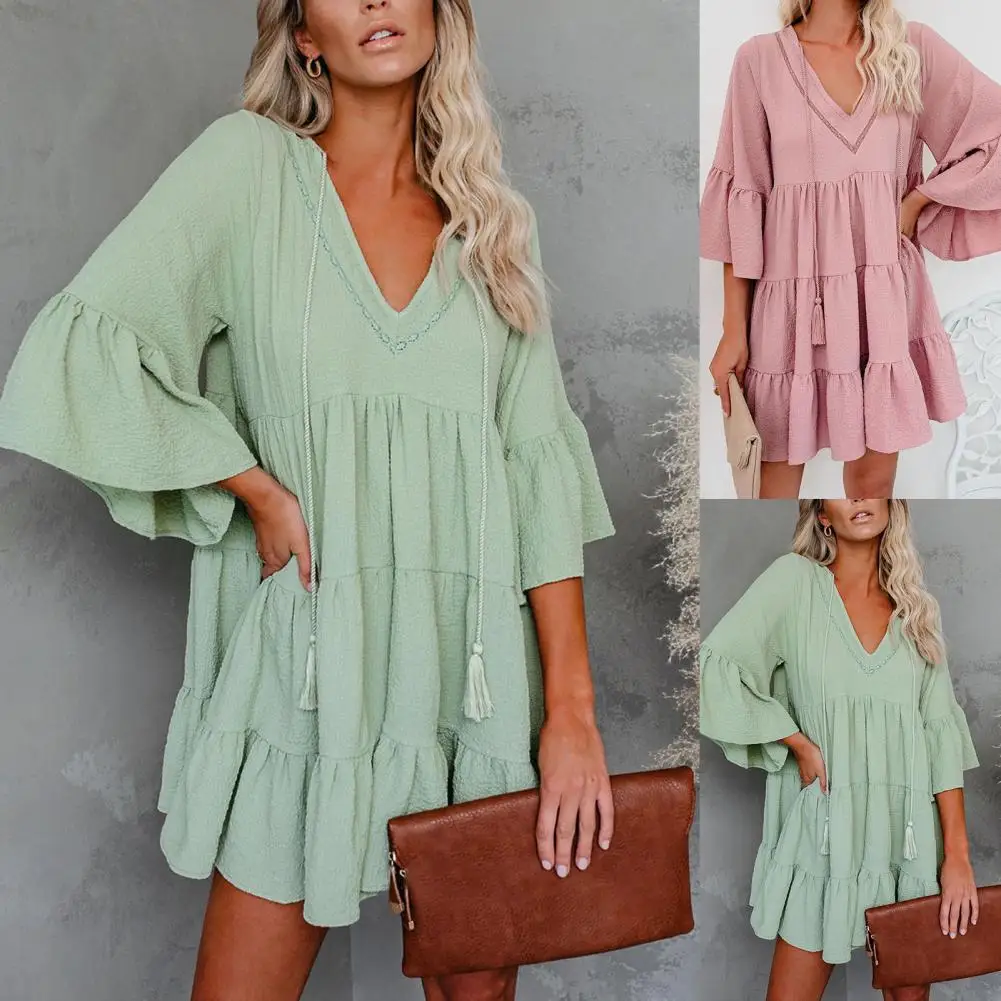

Tassel Dress Flare Sleeve V Neck Dress for Holiday Mini Dress Tassel Dress Flare Sleeve V Neck Dress for Holiday