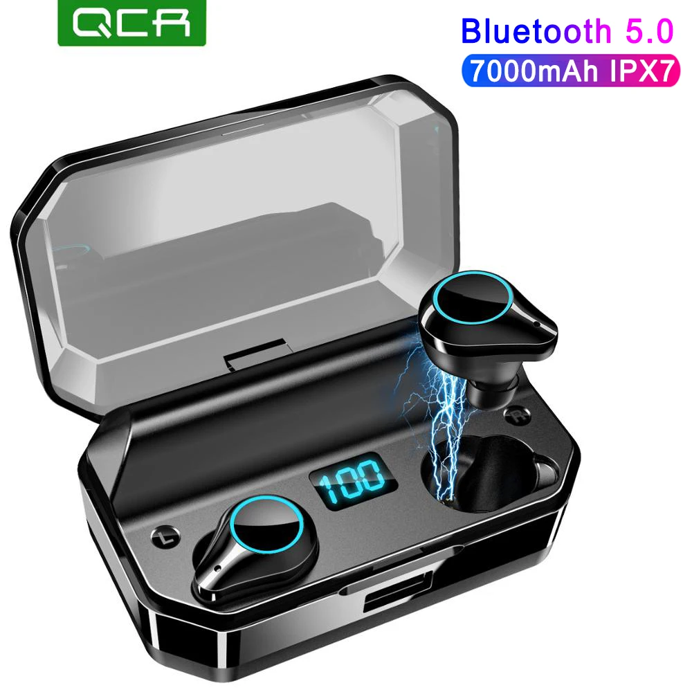 QCR T9 TWS наушники 9D стерео Bluetooth 5,0 беспроводные наушники IPX7 водонепроницаемый 7000 мАч светодиодный смарт банк питания держатель телефона