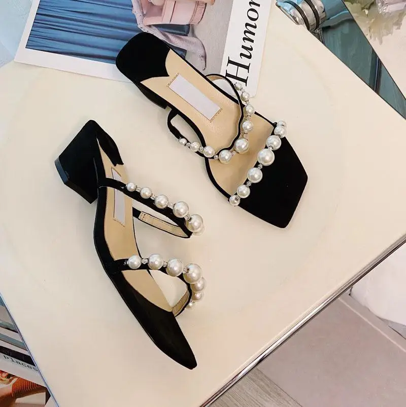 

Shoes Woman 2021 String Bead Slippers Summer Square Heel Luxury Slides Pantofle Low Block Designer New Rome Hoof Heels Fashion S