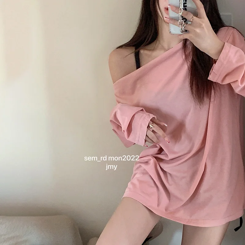 

2021 Summer Loose Slim Pink Long Sleeve Thin Top Women's Mid Length Vintage Casual Pink T Shirt Female Korean Oversized T Shirt