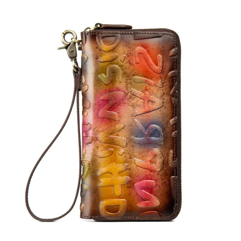 

Retro Genuine Leather Long Women Wallet Card Holder 2021 New Letter Embossed Cowhide Large Clutch Wallets Phone Purse