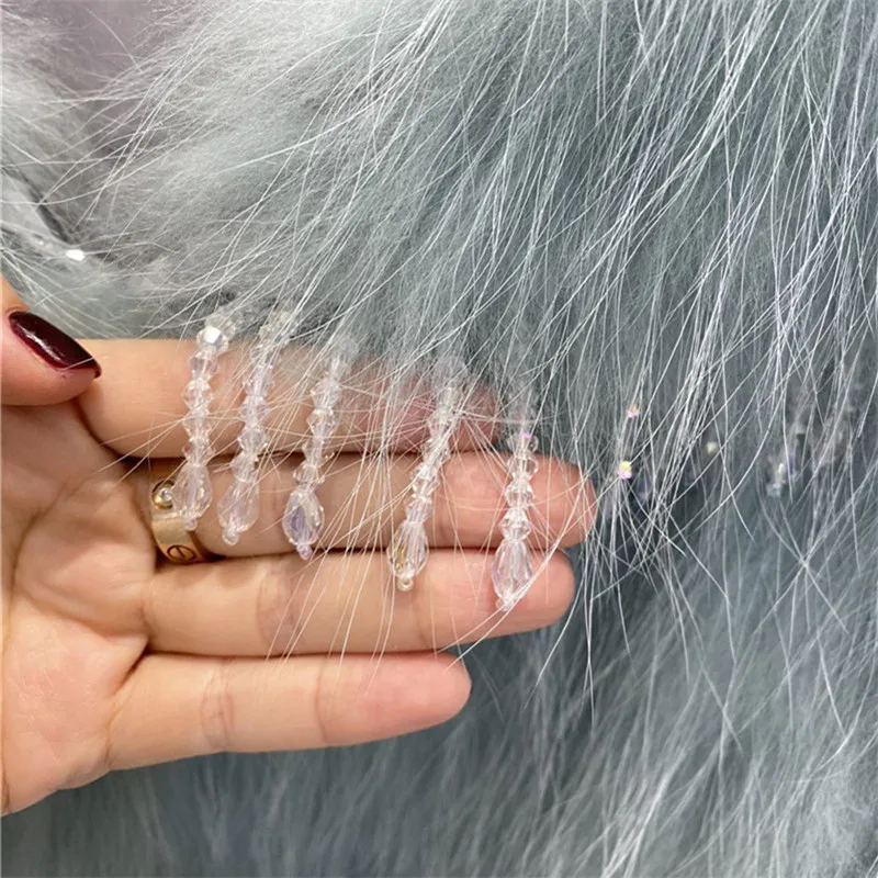 Winter Personality Beaded Fashion Women Real Fur Jacket Female White Raccoon Fur Strip Tassel Jacket