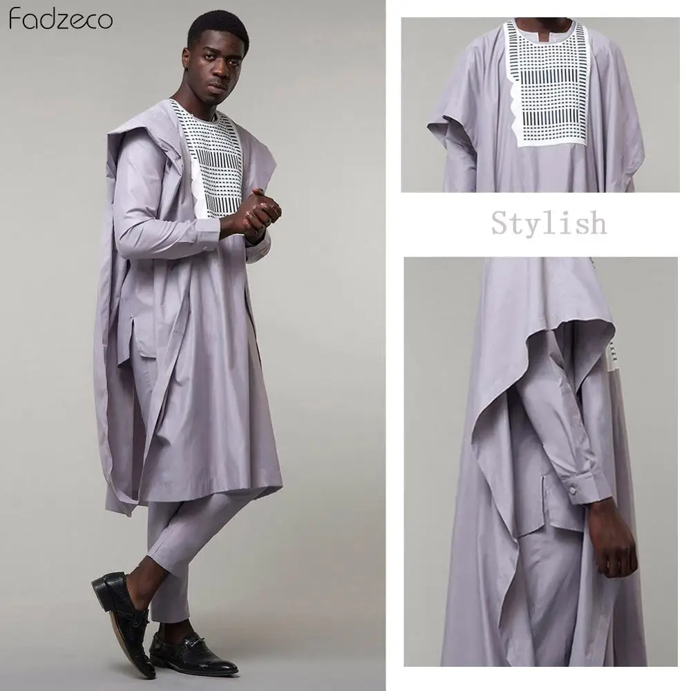 Fadzeco Agbada 2019 Мужская африканская 3 шт. размера плюс Dashiki белая вышивка приталенная