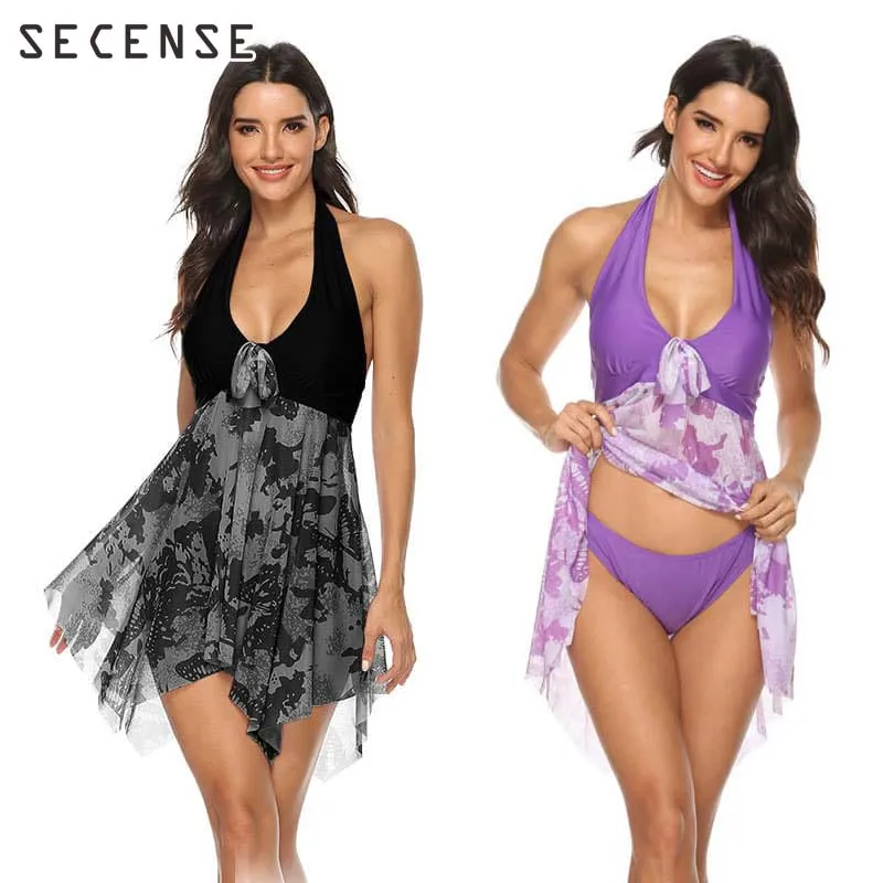 

5xl Swimsuit Women Push Up And Cover Belly Mesh Spliced Tank Top Swimwear Fashion Plus Size Split Skirt-Style Bathing Suit