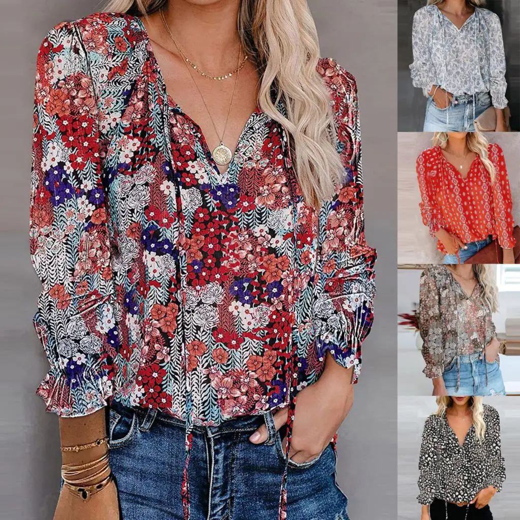 

Women's blouses Casual Floral Printing V-Neck Long Sleeve Shirts Tops Ladies Loose Blouses Female Shirts Clothing chemise femme