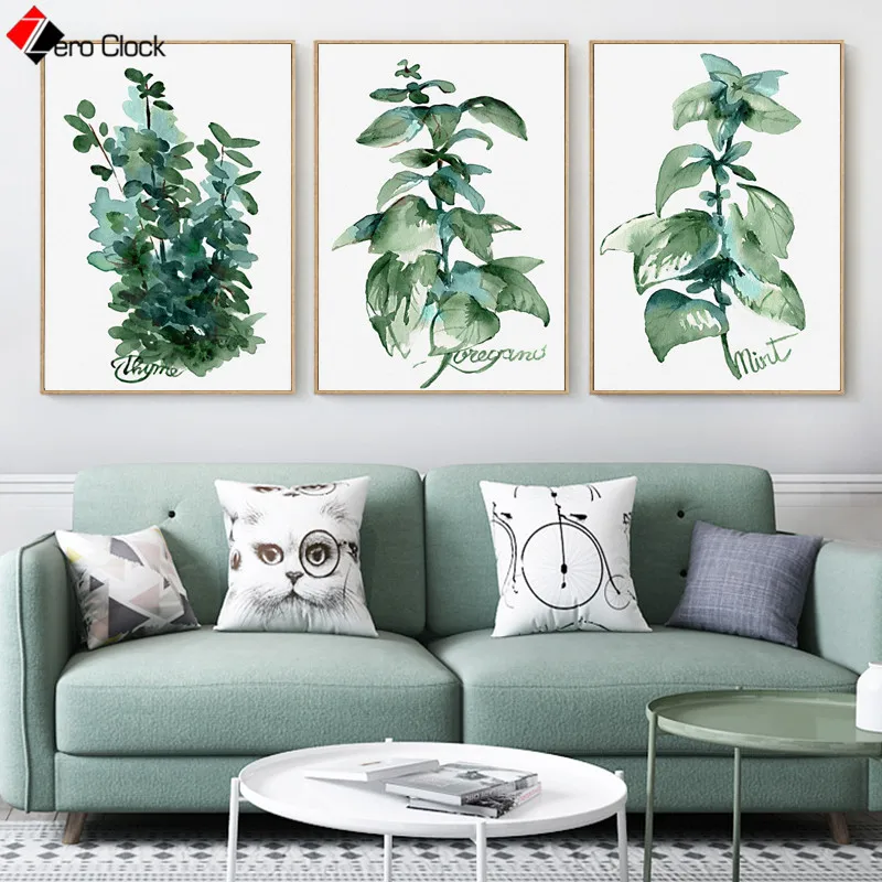 Акварельные растения холст живопись зеленые травы плакат растительные принты