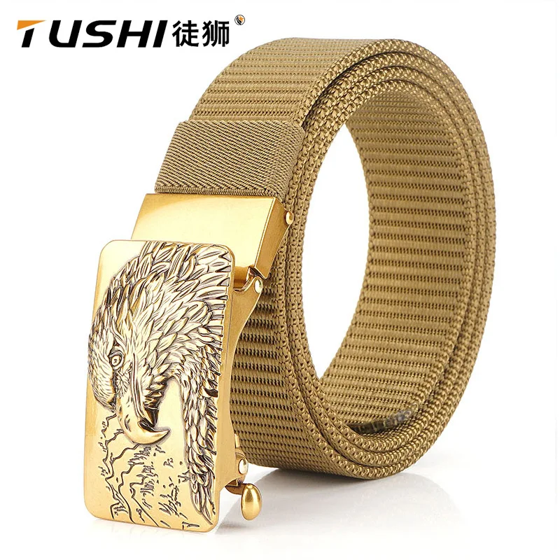 TUSHI 2021 Fashion New Men Belt Creative Eagle Head Pattern Metal Automatic Buckle 120cm*3.4cm Nylon Weave Male Waistband Jeans