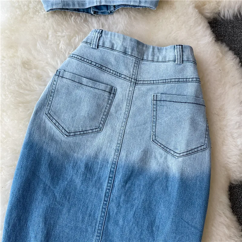 

Amolapha Women Summer Short Style Clothes Sets Fashion Denim Crop Tops+High Waist Mid-Length Jeans Split Skirt Suits